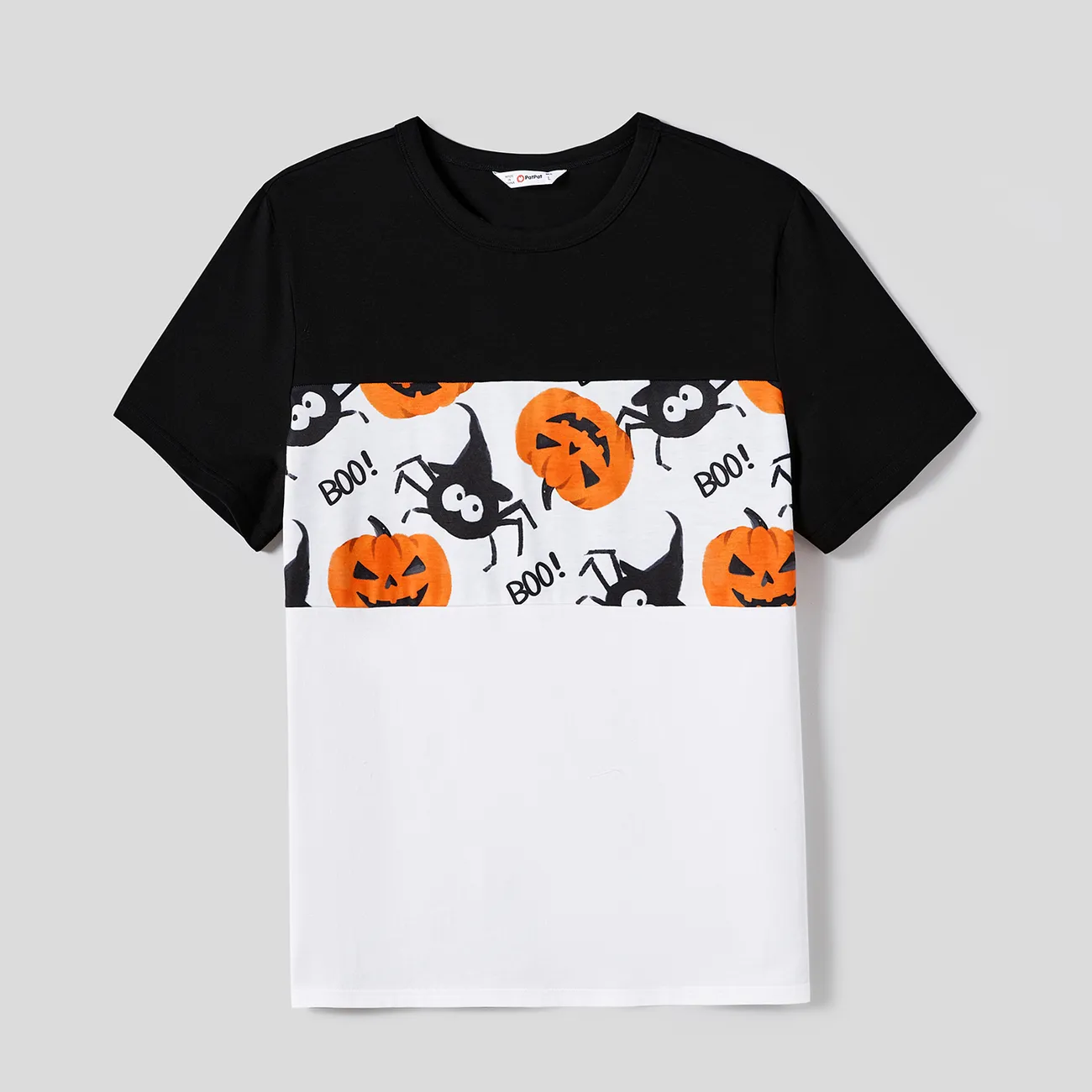 Halloween Family Matching Pumpkin Print Dresses and Short Sleeve Colorblock Tops Sets
